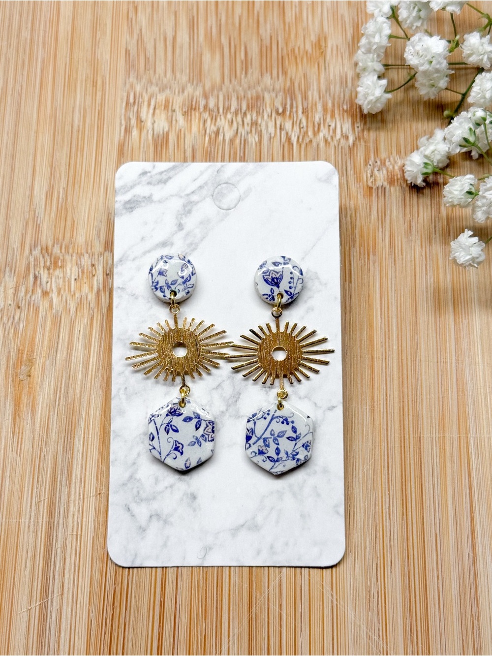 Blue Floral Sunburst Drop Earrings